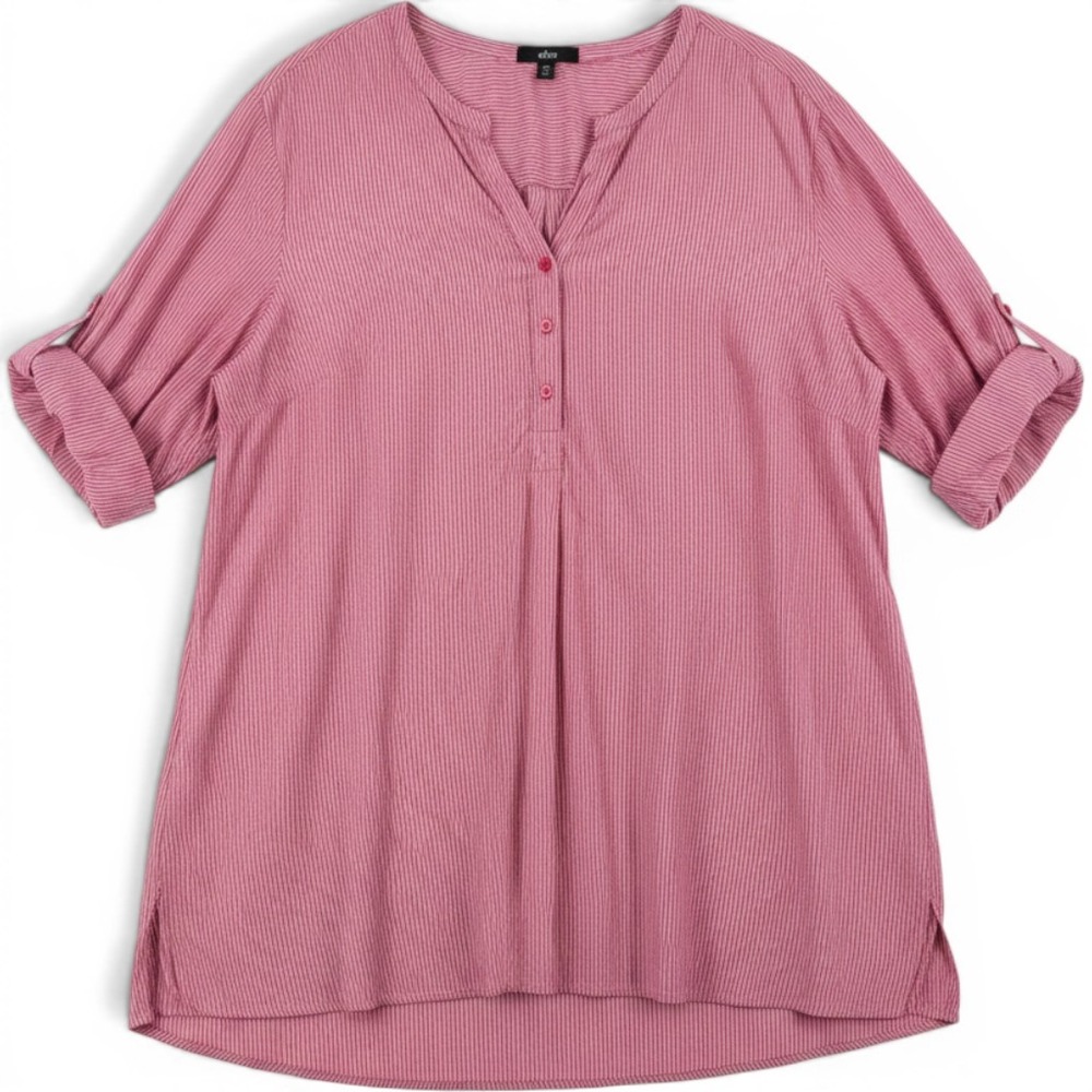 Women's Ellos Pink White Pinstripe Cotton Roll Tab Tunic Blouse Size 4X Coastal